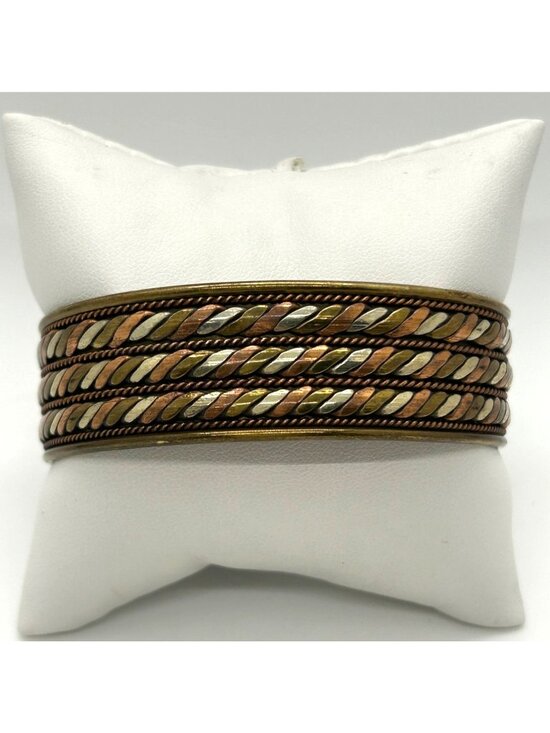 Vintage Jewelry - Vintage Adjustable Brass Copper & Silver-Tone Tricolor Cuff Bracelet 8" Unisex
